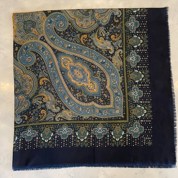 Vintage Paisley Print 100% Polyester Scarf Made in Italy Blue Grn Gold Wht OS - Picture 2 of 8